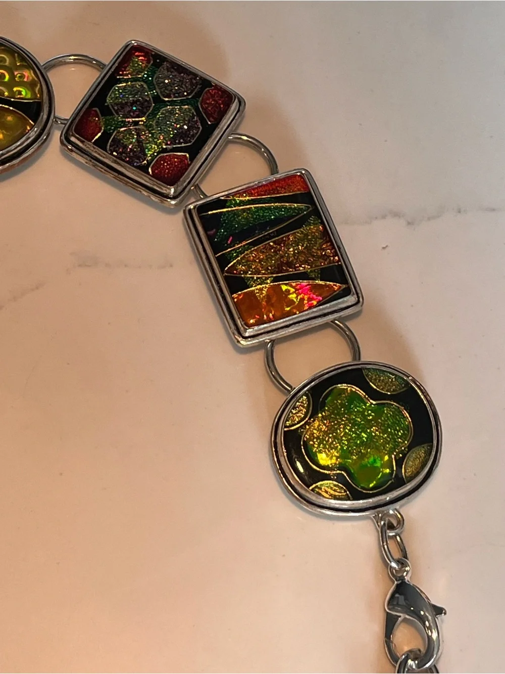 Vintage chicos dichroic art glass chain belt.  Silver tone chain.